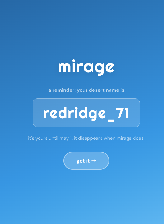 Desert nickname assignment screen